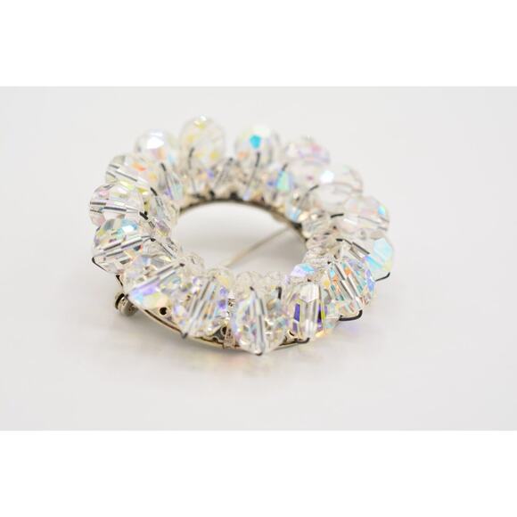 Vintage Crystal Pin Brooch Aurora Borealis AB Cluster Round Wreath 1980s Bin5B - Picture 10 of 12